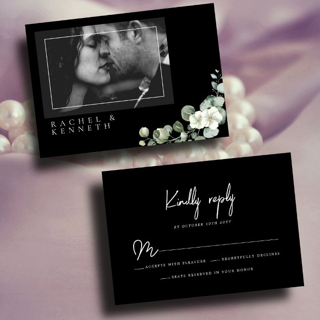 Chic Eucalyptus Black & White Minimalist Photo RSVP Card (Creator Uploaded)