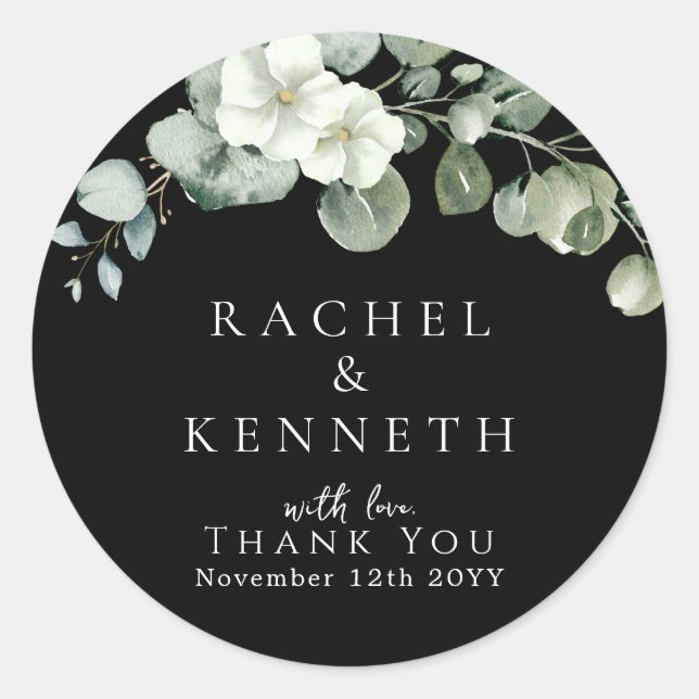 Chic Eucalyptus Black & White Minimalist Wedding Classic Round Sticker (Front)
