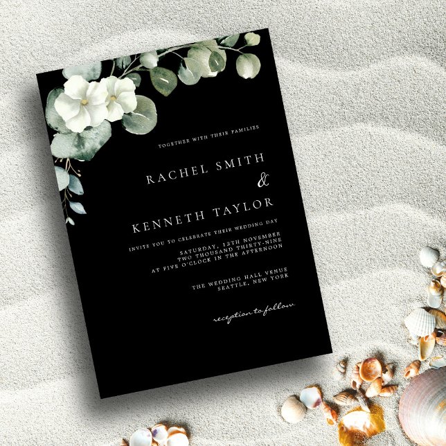 Chic Eucalyptus Black & White Minimalist Wedding Invitation (Creator Uploaded)