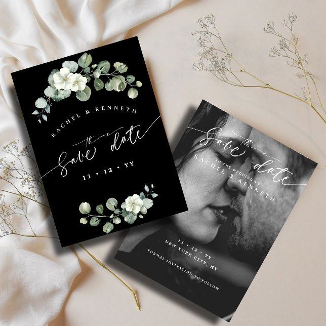 Chic Eucalyptus Black & White Photo Save the Date (Creator Uploaded)