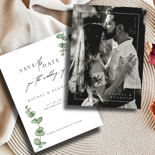 Chic Eucalyptus Black & White Photo Save the Date (Creator Uploaded)