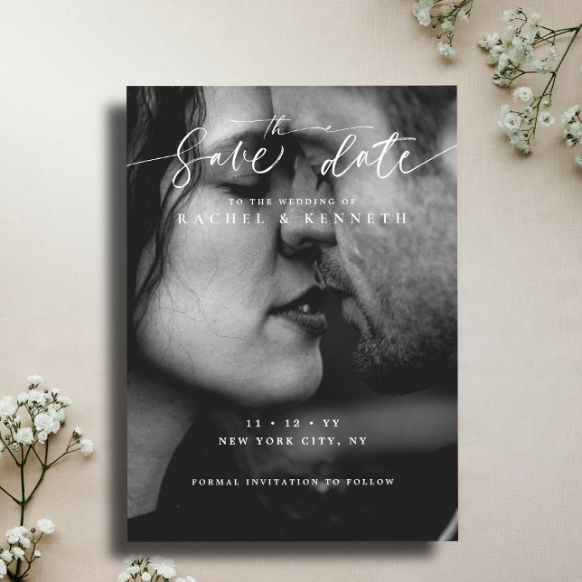 Chic Eucalyptus Black & White Photo Save the Date (Creator Uploaded)