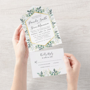 Chic Eucalyptus Gold Frame Wedding with RSVP All In One Invitation