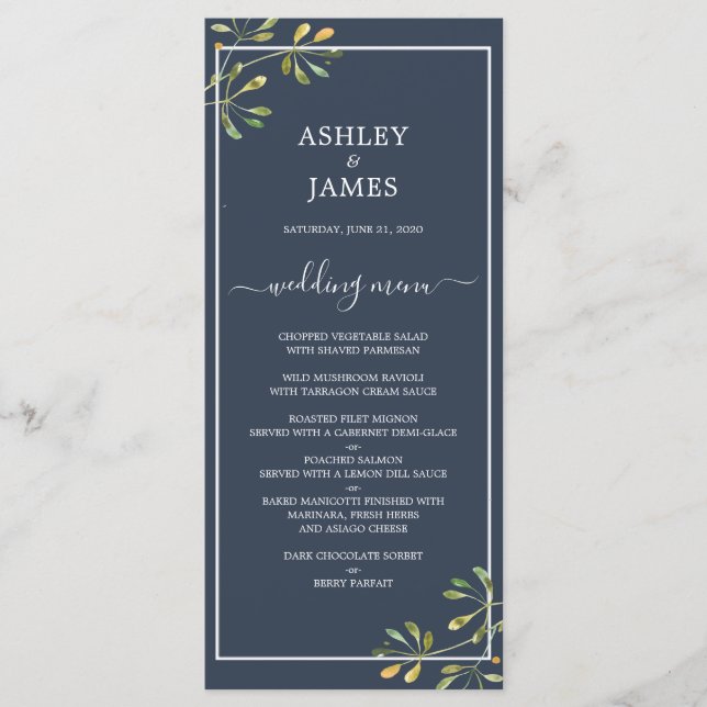Chic Eucalyptus Green Navy Blue Botanical Wedding Menu (Front)
