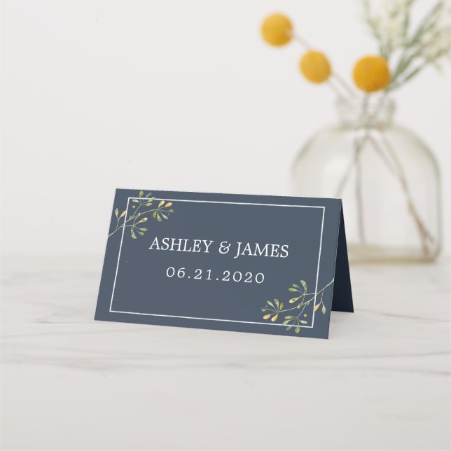 Chic Eucalyptus Green Navy Blue Botanical Wedding Place Card (Front)