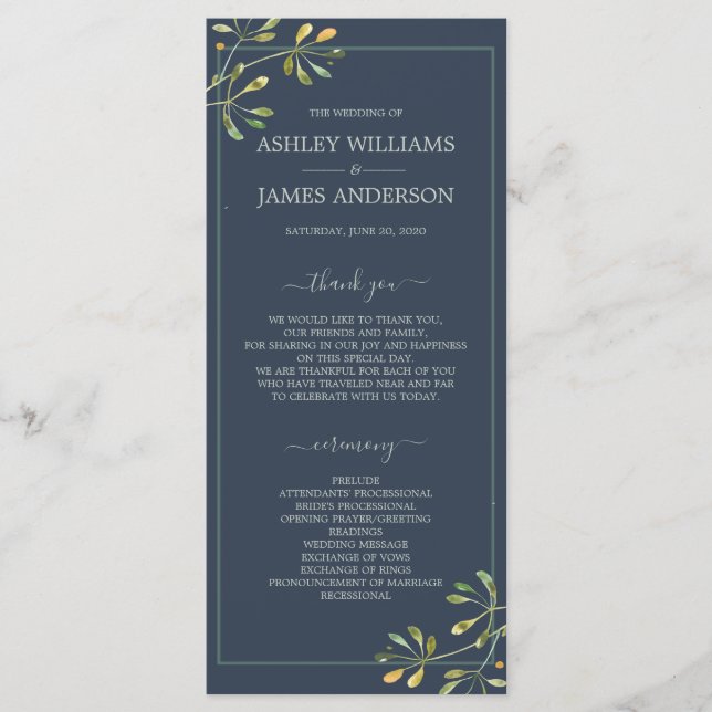 Chic Eucalyptus Green Navy Blue Botanical Wedding Programme (Front)