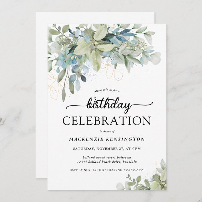 Chic Eucalyptus Greenery Birthday Celebration Invitation (Front/Back)