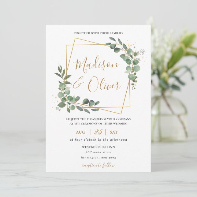 Chic Eucalyptus Greenery Gold Geometric Wedding  Invitation (Standing Front)