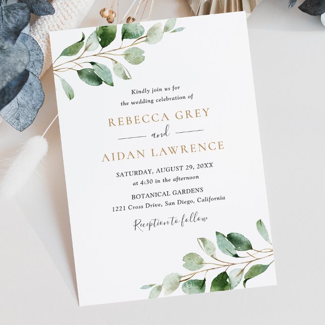 Chic Eucalyptus Greenery Gold Wedding Invitation (Creator Uploaded)
