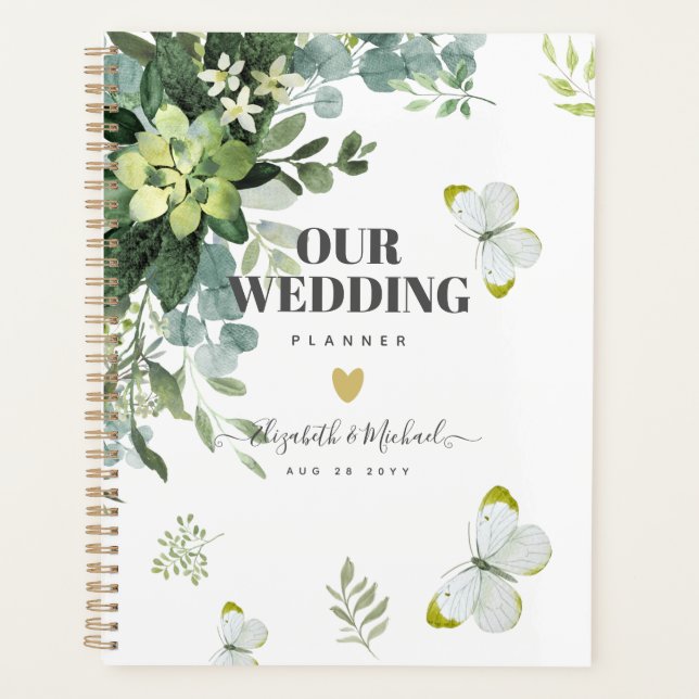 Chic Eucalyptus Greenery Leaves Emerald Wedding Planner (Front)