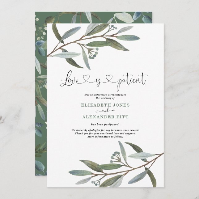 Chic Eucalyptus Greenery Love is Patient Wedding Invitation (Front/Back)