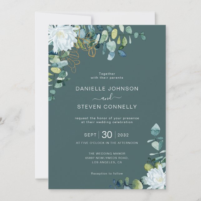 Chic eucalyptus greenery white flowers wedding invitation (Front)