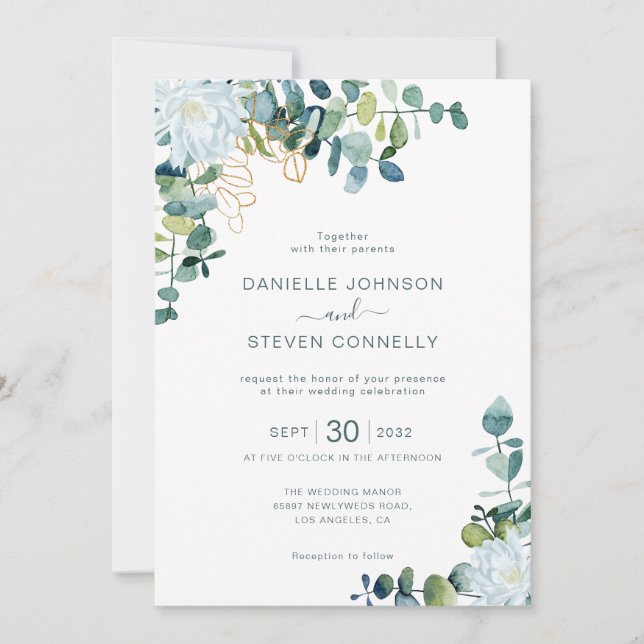 Chic eucalyptus greenery white flowers wedding invitation (Front)