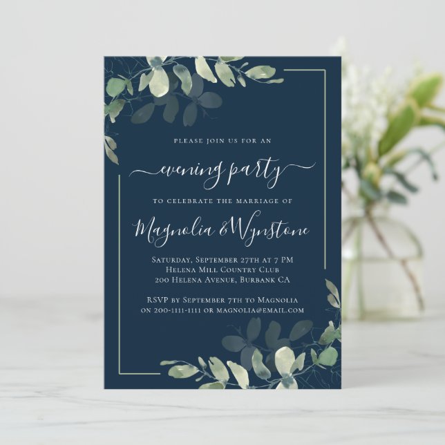 Chic Eucalyptus Navy Blue Wedding Reception Invitation (Standing Front)