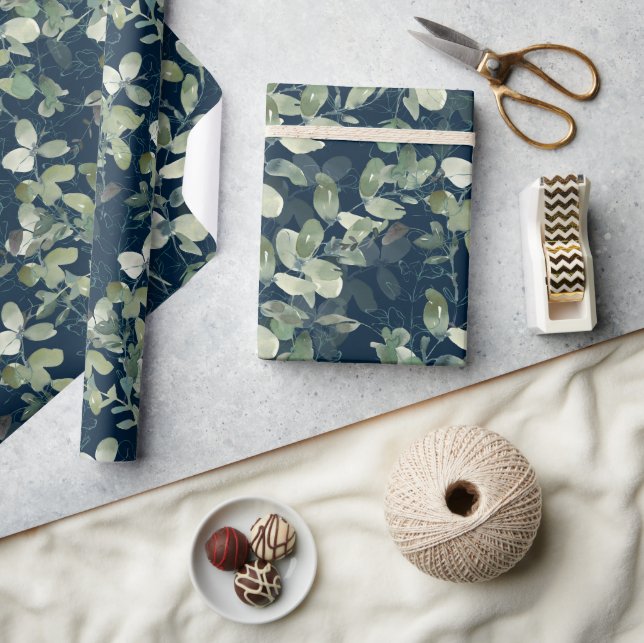Chic Eucalyptus Pattern Navy Blue Wrapping Paper (Crafts)