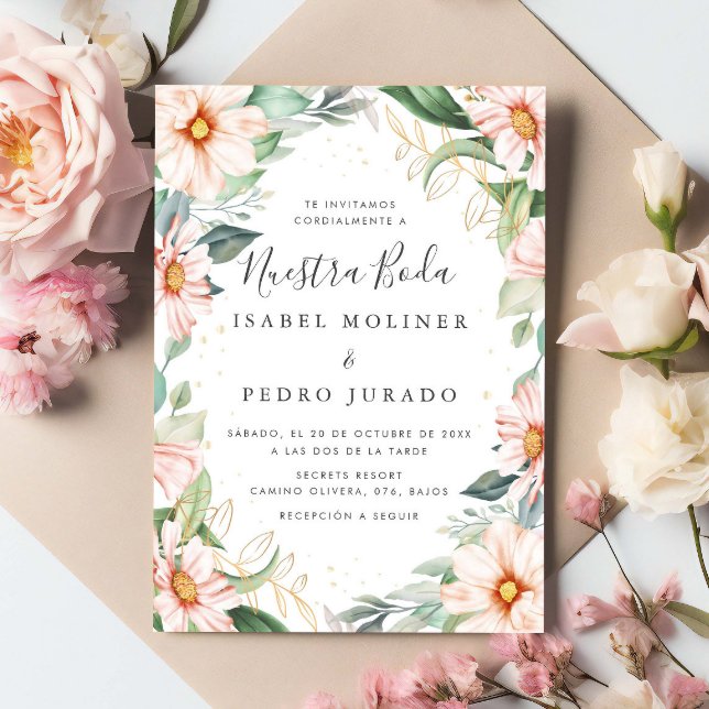 Chic Eucalyptus Peach Roses Nuestra Boda Wedding Invitation (Creator Uploaded)