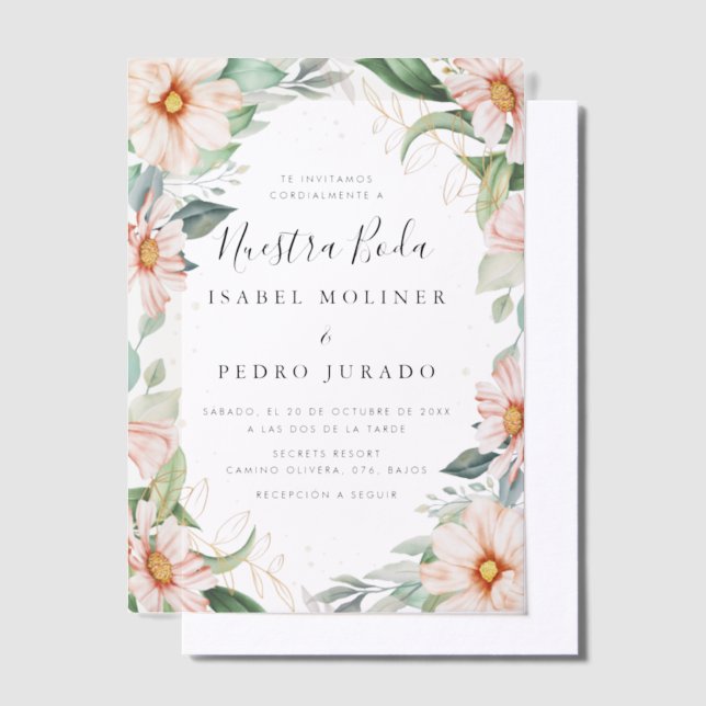 Chic Eucalyptus Peach Roses Nuestra Boda Wedding Vellum Invitations (Offset)
