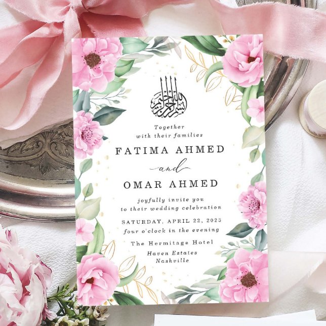 Chic Eucalyptus Pink Floral Islamic Muslim Wedding Invitation (Creator Uploaded)