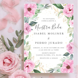 Chic Eucalyptus Pink Roses Nuestra Boda Wedding Invitation