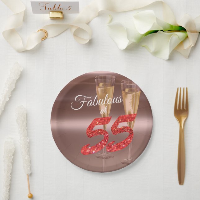 Chic Fabulous at 55 Birthday Coral Glitter Party Paper Plate (Wedding)