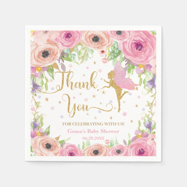 Chic Fairy Pink Floral Gold Baby Shower Birthday Napkin (Front)