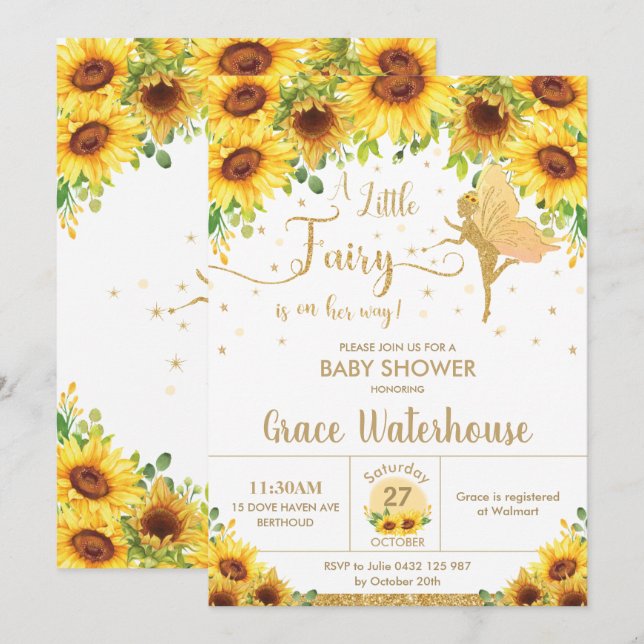 Chic Fairy Sunflower Floral Baby Shower Girl Invitation (Front/Back)