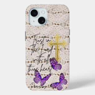 Chic Faith Knitwear Purple Butterfly Gold Cross iPhone 15 Case