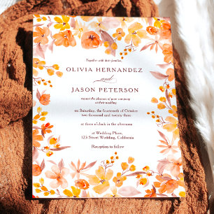 Chic Fall autumn orange floral watercolor wedding Invitation