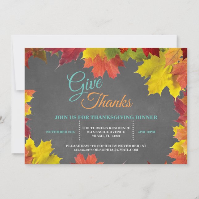 Chic Fall Leaves Chalkboard Thanksgiving Dinner Invitation (Front)