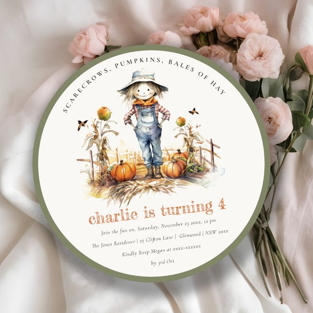 Chic Fall Pumpkin Scarecrow Harvest Kids Birthday Invitation (Creator Uploaded)