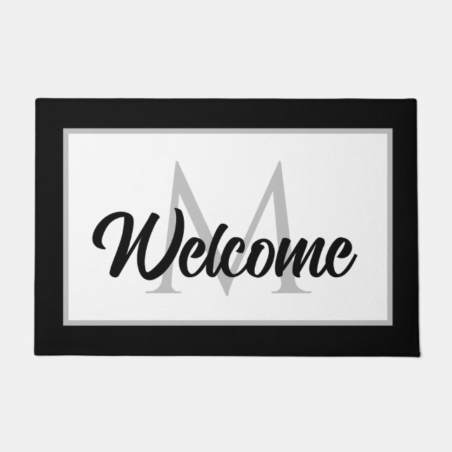 Chic Family Monogram Welcome Mat Black White Grey (Front)