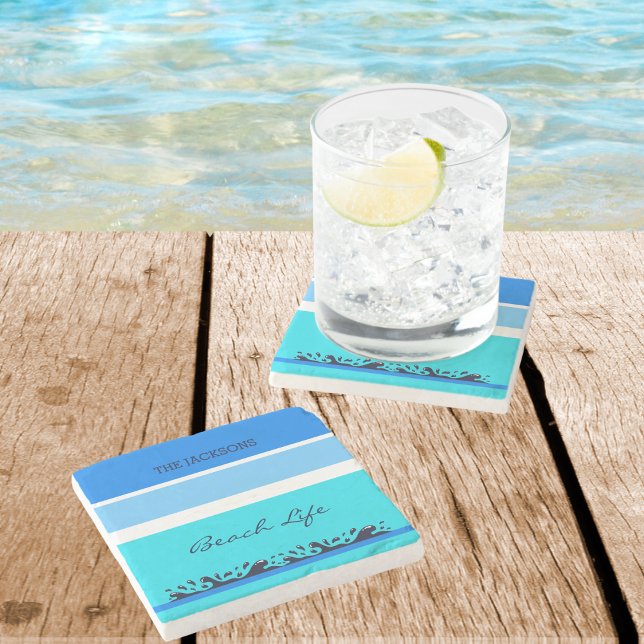 Chic Family Name Blue Stripes Ocean Beach House Stone Coaster (Creator Uploaded)