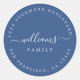 Chic Family Name Classic Blue Return Address Round Sticker