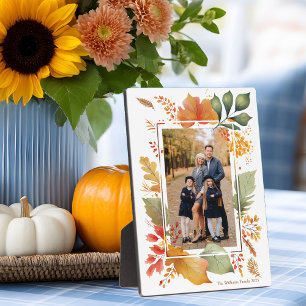 Chic Family Thanksgiving Fall Leaf Border Photo Plaque