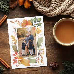 Chic Family Thanksgiving Photo Fall Leaf Border Holiday Card