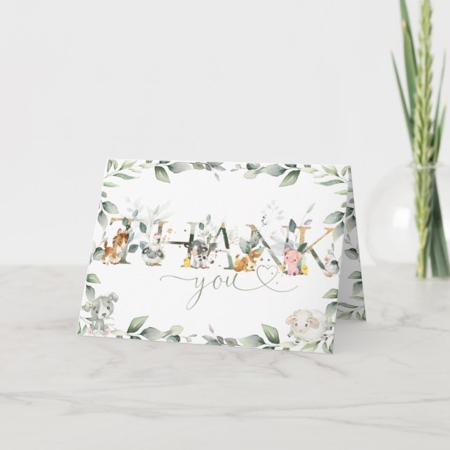 Chic Farm Animals Greenery Baby Shower Birthday Thank You Card (Front)