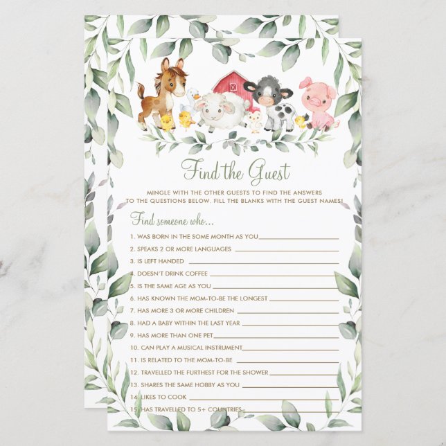 Chic Farm Animals Greenery Find the Guest Game  (Front/Back)