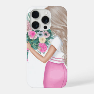 Chic Fashion Girl Holding Floral Bouquet Pink iPhone 15 Pro Case