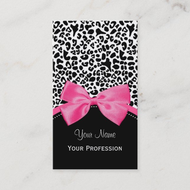 Chic Fashion Leopard Print With Hot Pink Ribbon Business Card (Front)
