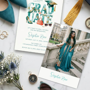 Chic Fashion Teal Gold Glitter Watercolor Graduate Invitation