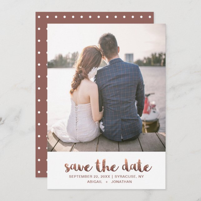 Chic Faux Copper Rose Script with Dots Photo Save The Date (Front/Back)