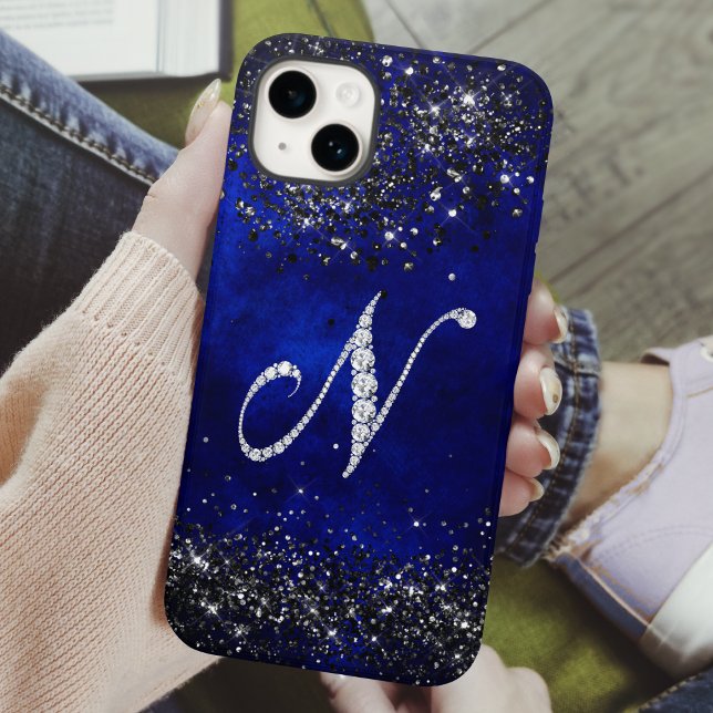 Chic faux Crystal rhinestone letter N royal blue Case-Mate iPhone Case (Creator Uploaded)