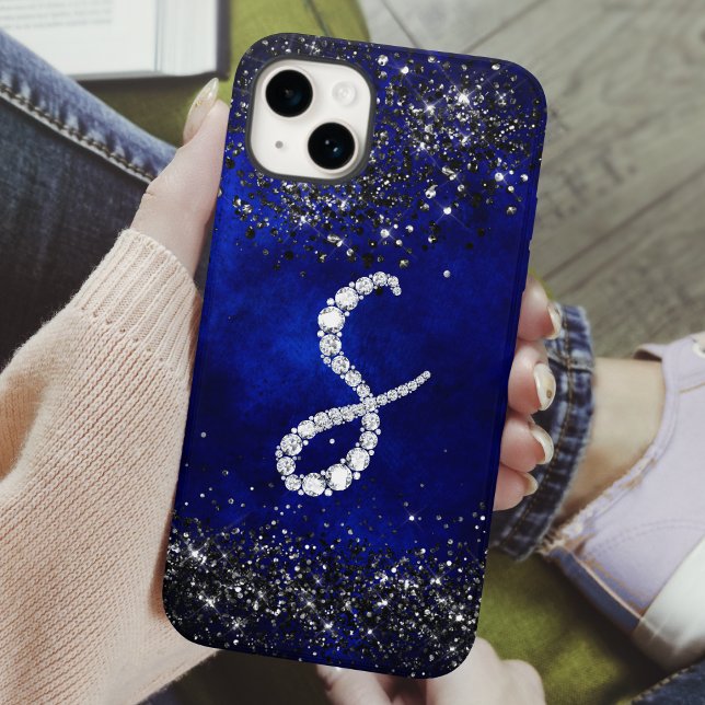 Chic faux Crystal rhinestone letter S royal blue Case-Mate iPhone Case (Creator Uploaded)