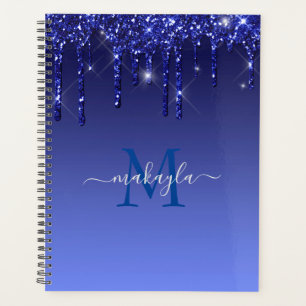 Chic Faux Dark Blue Glitter Drips Monogram Name Planner