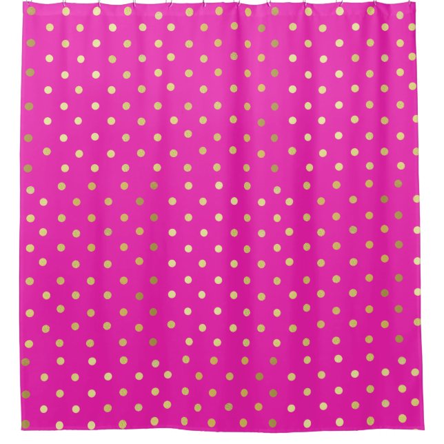 Chic Faux Foil Leaf Gold Dots Hot Pink Shower Curtain (Front)