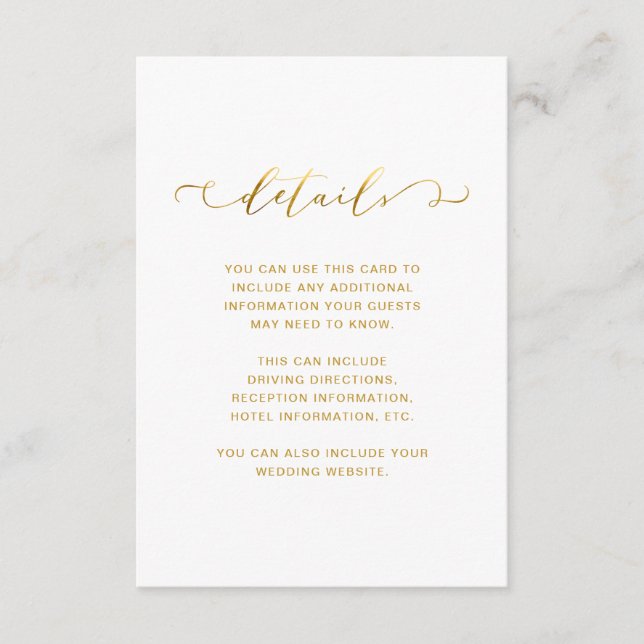 Chic Faux Gold and White Wedding Details Enclosure Card (Front)