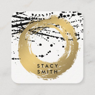Chic Faux Gold Brushed Artistic Ink Spatter Square Business Card