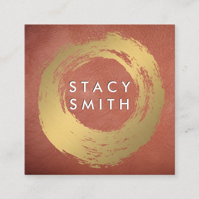 Chic Faux Gold Brushed Red Leather Square Business Card (Front)