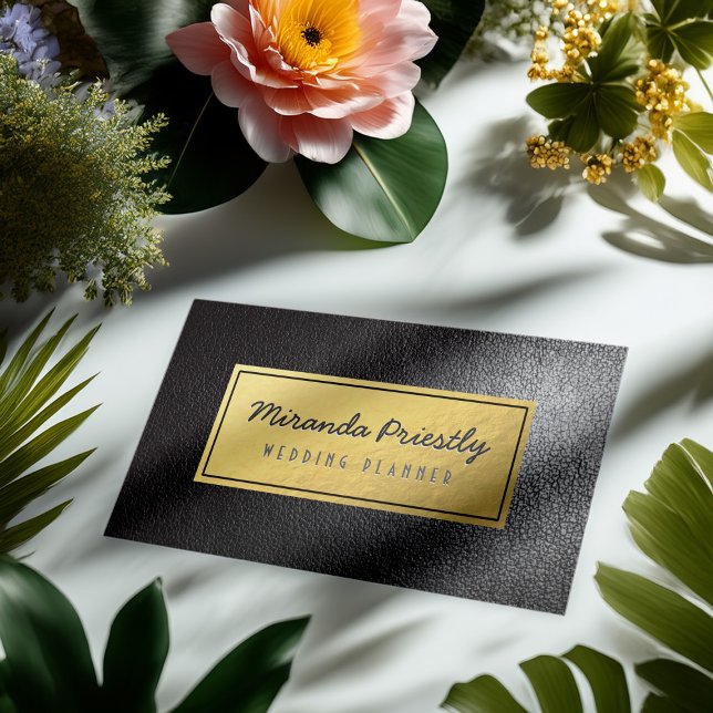 Chic Faux Gold Foil Black Leather Texture Business Card (Creator Uploaded)