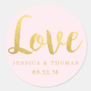 Chic Faux Gold Foil & Blush Pink Wedding Love Classic Round Sticker